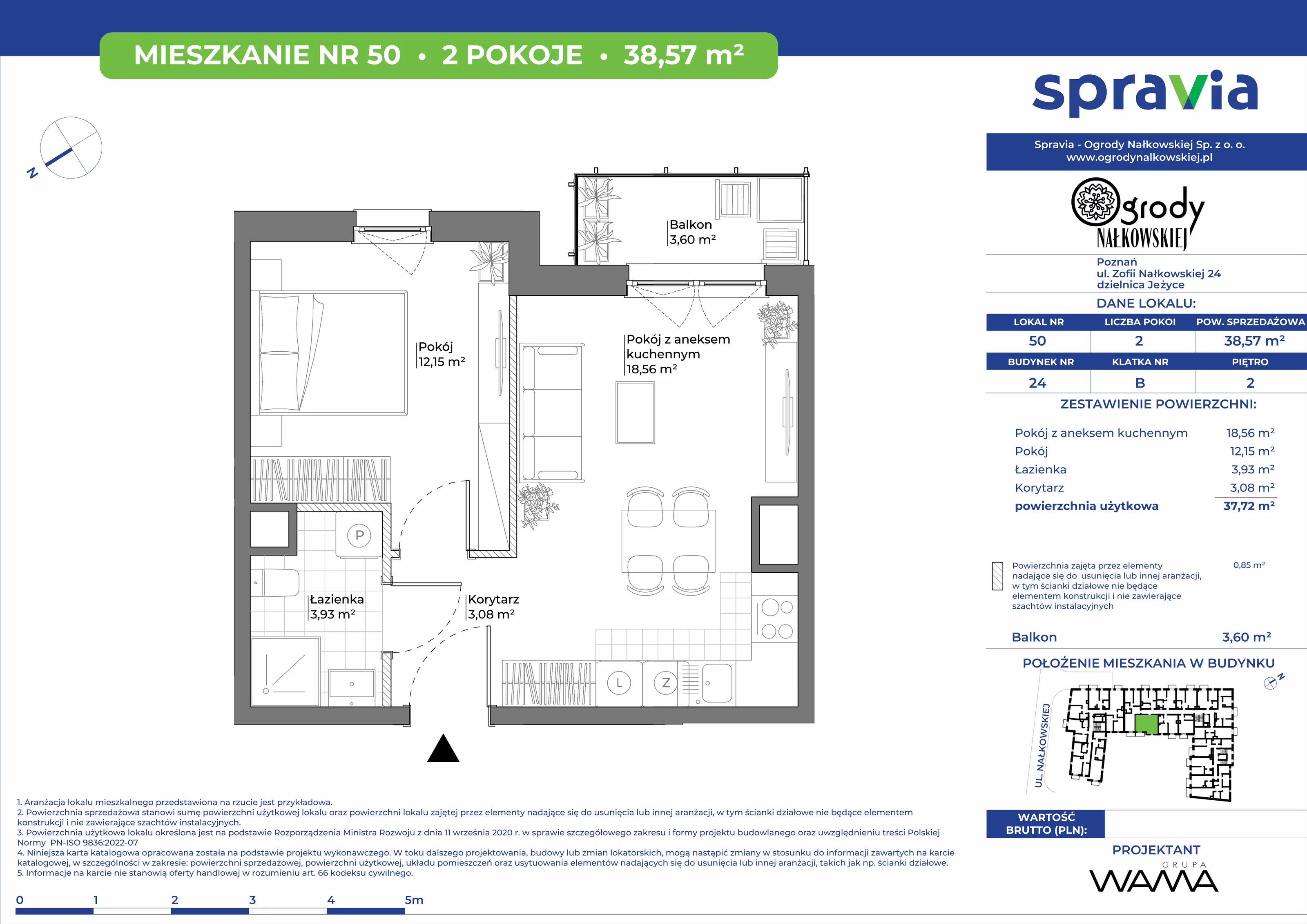 2 pokoje, mieszkanie 38,57 m², piętro 2, oferta nr 24-50, Ogrody Nałkowskiej, Poznań, Ogrody, ul. Nałkowskiej 24, 26